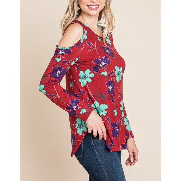 Women’s Cold Shoulder Long Sleeve Top Burgundy Size M - Picture 4 of 13